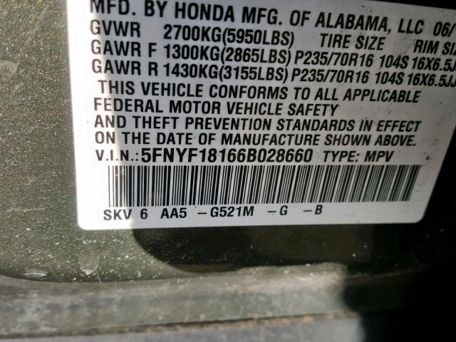 5FNYF18166B028660 - 2006 HONDA PILOT LX GRAY photo 10