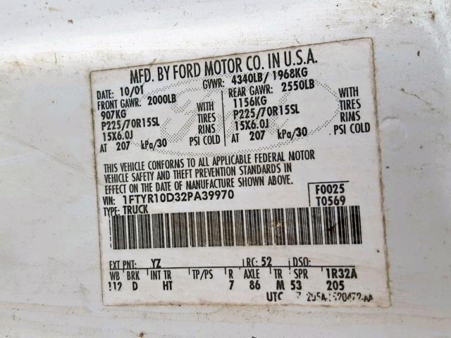 1FTYR10D32PA39970 - 2002 FORD RANGER WHITE photo 10