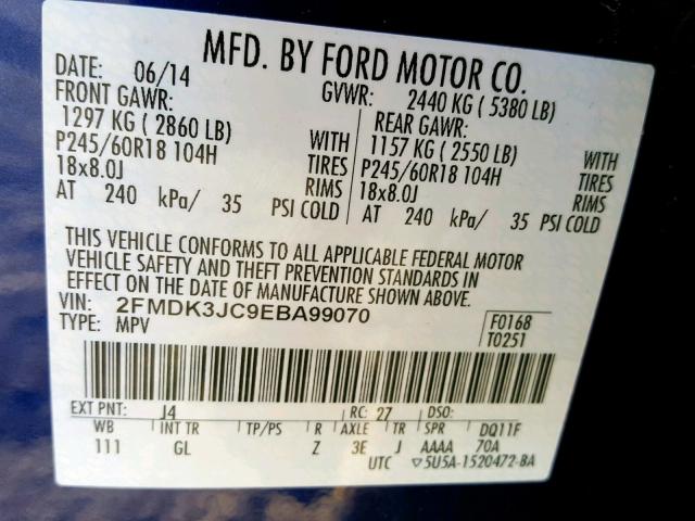 2FMDK3JC9EBA99070 - 2014 FORD EDGE SEL BLUE photo 10