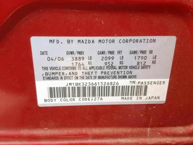 JM1BK323661526826 - 2006 MAZDA 3 S RED photo 10