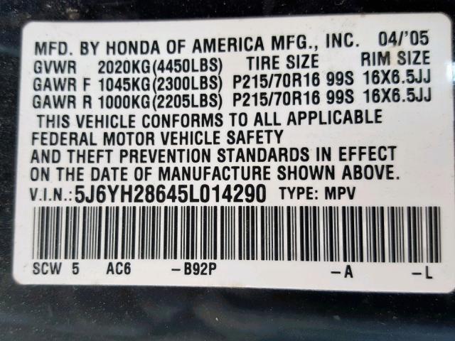 5J6YH28645L014290 - 2005 HONDA ELEMENT EX BLACK photo 10