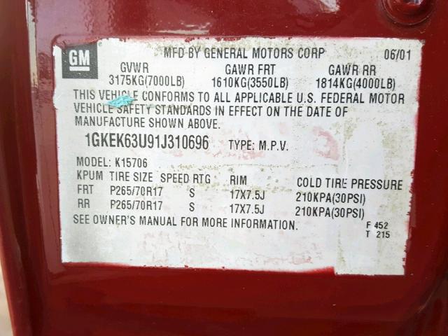 1GKEK63U91J310696 - 2001 GMC DENALI RED photo 10