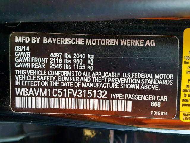 WBAVM1C51FV315132 - 2015 BMW X1 SDRIVE2 BLACK photo 10