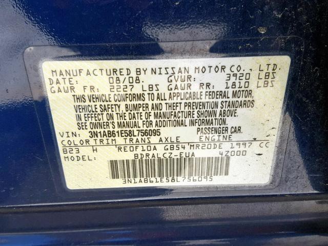 3N1AB61E58L756095 - 2008 NISSAN SENTRA 2.0 BLUE photo 10