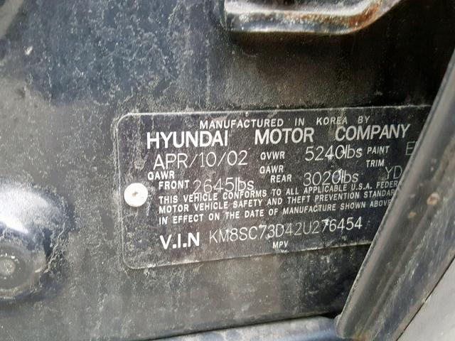 KM8SC73D42U276454 - 2002 HYUNDAI SANTA FE G BLACK photo 10