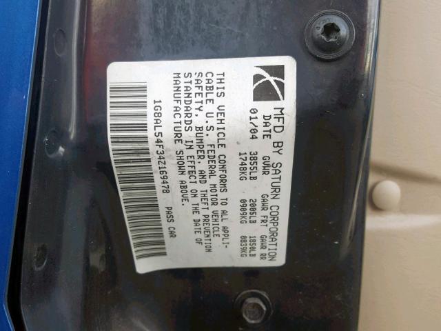 1G8AL54F34Z169478 - 2004 SATURN ION LEVEL BLUE photo 10