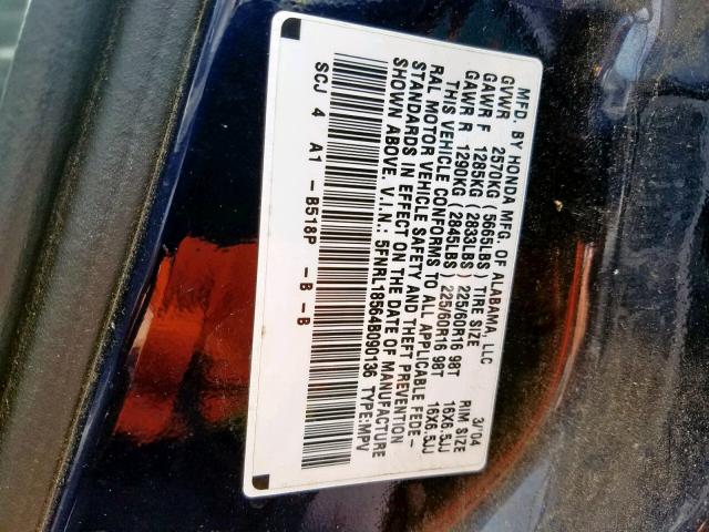 5FNRL18564B090136 - 2004 HONDA ODYSSEY LX BLUE photo 10