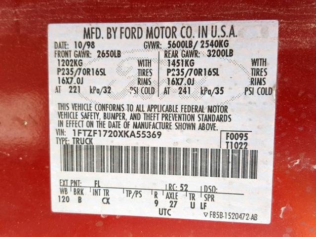 1FTZF1720XKA55369 - 1999 FORD F150 RED photo 10