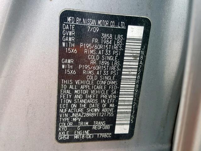 JN8AZ28R89T121755 - 2009 NISSAN CUBE BASE SILVER photo 10