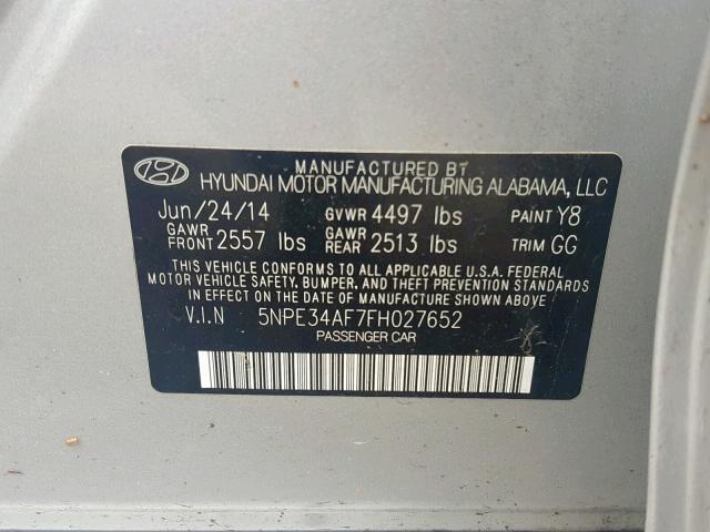 5NPE34AF7FH027652 - 2015 HYUNDAI SONATA SPO SILVER photo 10