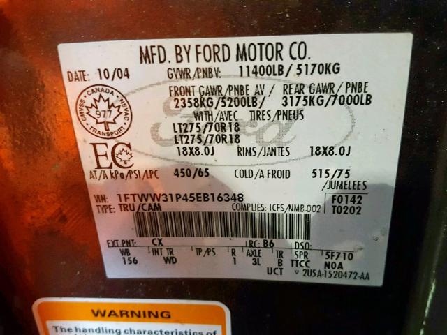 1FTWW31P45EB16348 - 2005 FORD F350 SRW S GRAY photo 10