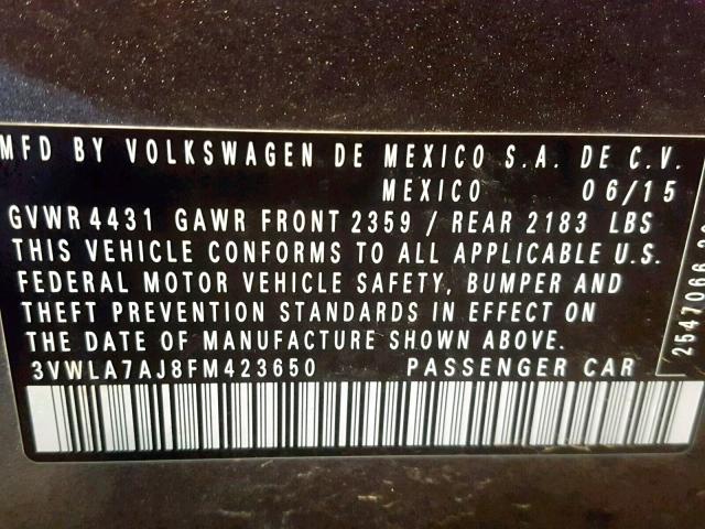 3VWLA7AJ8FM423650 - 2015 VOLKSWAGEN JETTA TDI 灰色 照片 10