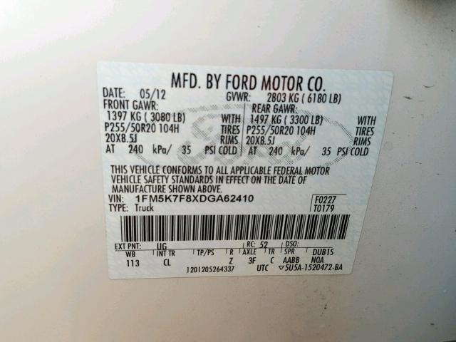 1FM5K7F8XDGA62410 - 2013 FORD EXPLORER L WHITE photo 10