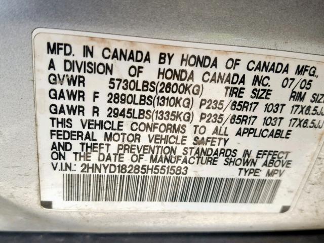 2HNYD18285H551583 - 2005 ACURA MDX SILVER photo 10