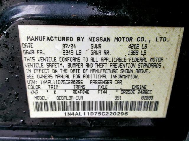 1N4AL11D75C220296 - 2005 NISSAN ALTIMA S BLACK photo 10