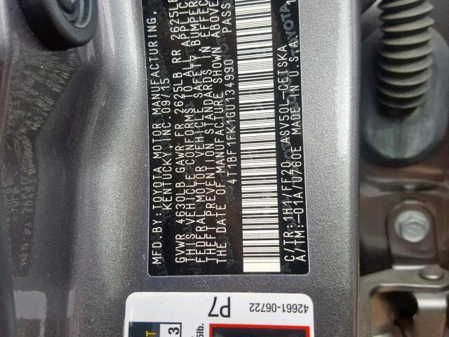 4T1BF1FK1GU134990 - 2016 TOYOTA CAMRY LE CHARCOAL photo 10