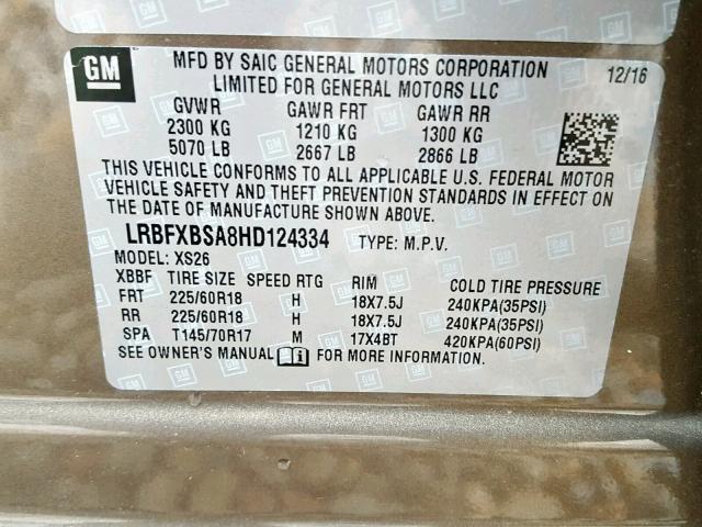 LRBFXBSA8HD124334 - 2017 BUICK ENVISION E TAN photo 10