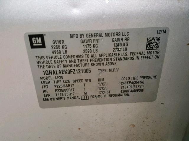 1GNALAEK0FZ121005 - 2015 CHEVROLET EQUINOX LS SILVER photo 10