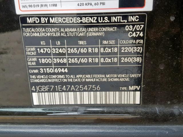 4JGBF71E47A254756 - 2007 MERCEDES-BENZ GL 450 4MA BLACK photo 10