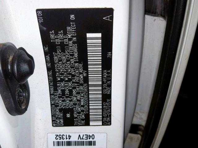 5TDZK22C69S258926 - 2009 TOYOTA SIENNA XLE WHITE photo 10