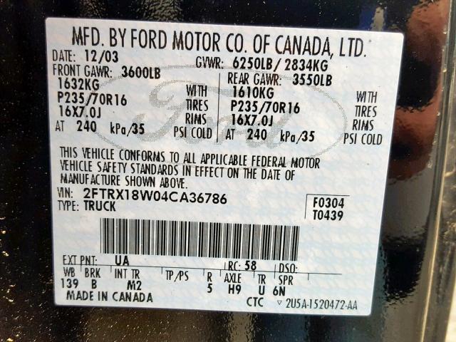 2FTRX18W04CA36786 - 2004 FORD F-150 HERI BLACK photo 10