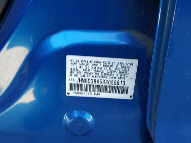 JHMGD38458S059913 - 2008 HONDA FIT BLUE photo 10