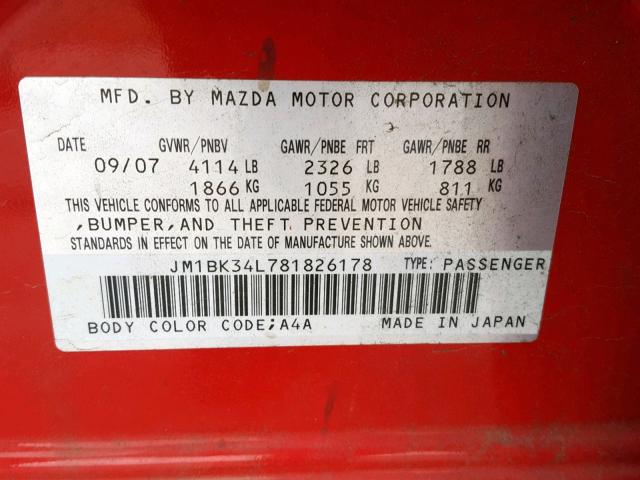 JM1BK34L781826178 - 2008 MAZDA SPEED 3 RED photo 10
