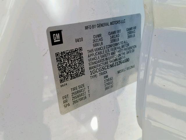 1GCGSCEN0J1264880 - 2018 CHEVROLET COLORADO L WHITE photo 10