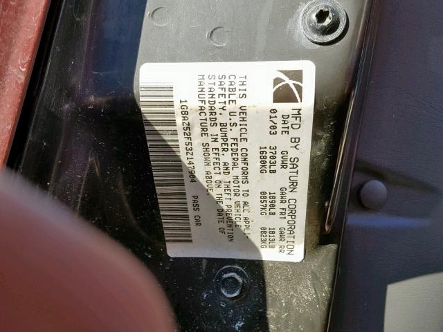 1G8AZ52F53Z147904 - 2003 SATURN ION LEVEL BURGUNDY photo 10