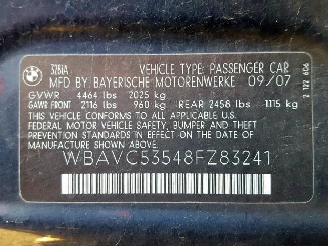 WBAVC53548FZ83241 - 2008 BMW 328 I SULE BLUE photo 10