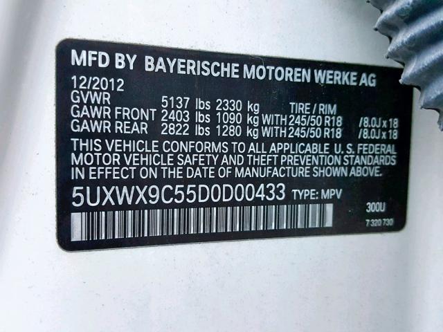 5UXWX9C55D0D00433 - 2013 BMW X3 XDRIVE2 WHITE photo 10