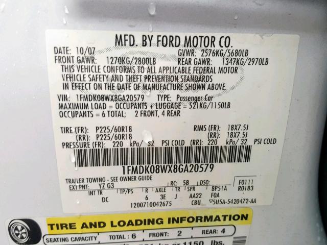 1FMDK08WX8GA20579 - 2008 FORD TAURUS X E WHITE photo 10