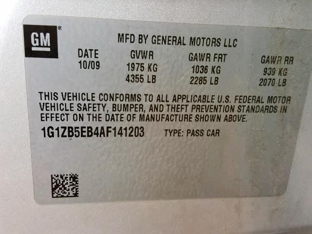 1G1ZB5EB4AF141203 - 2010 CHEVROLET MALIBU LS SILVER photo 10