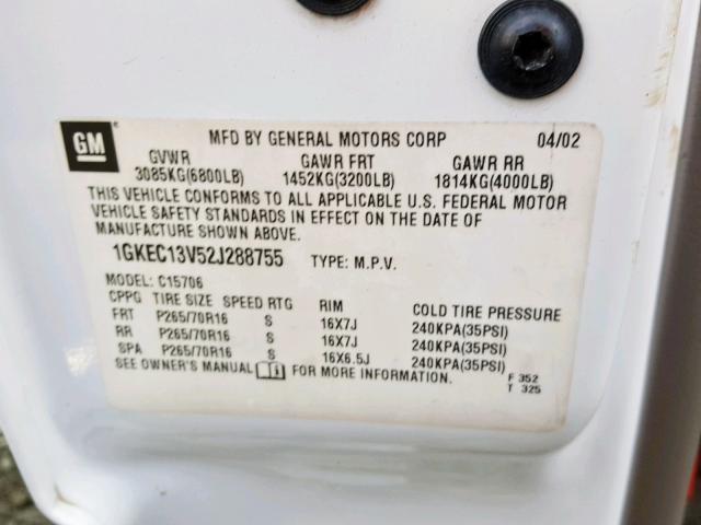 1GKEC13V52J288755 - 2002 GMC YUKON WHITE photo 10