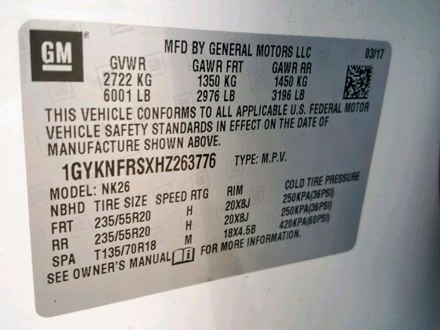 1GYKNFRSXHZ263776 - 2017 CADILLAC XT5 PLATIN WHITE photo 10