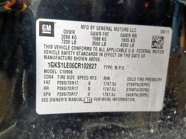 1GKS1LE06CR102827 - 2012 GMC YUKON XL C BLACK photo 10