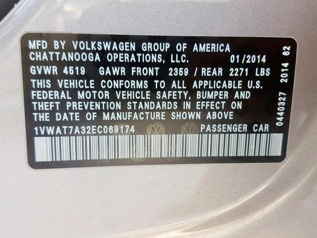 1VWAT7A32EC069174 - 2014 VOLKSWAGEN PASSAT S SILVER photo 10