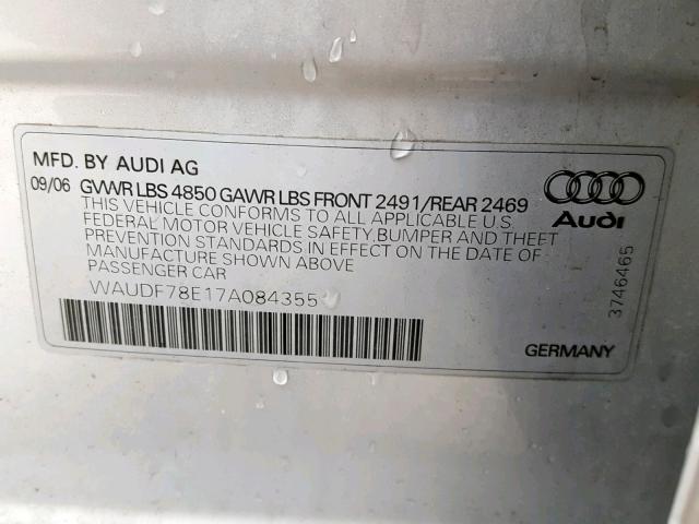 WAUDF78E17A084355 - 2007 AUDI A4 2.0T QU SILVER photo 10