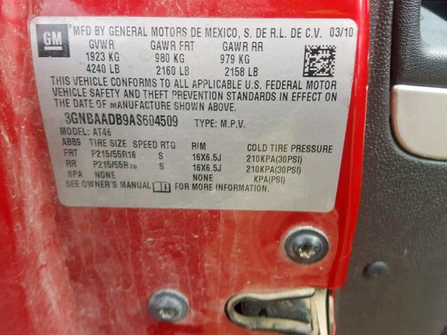 3GNBAADB9AS604509 - 2010 CHEVROLET HHR LS Rojo foto 10