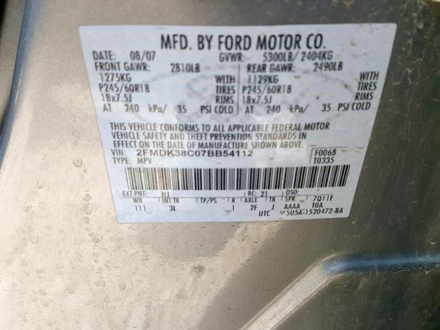 2FMDK38C07BB54112 - 2007 FORD EDGE SEL SILVER photo 10