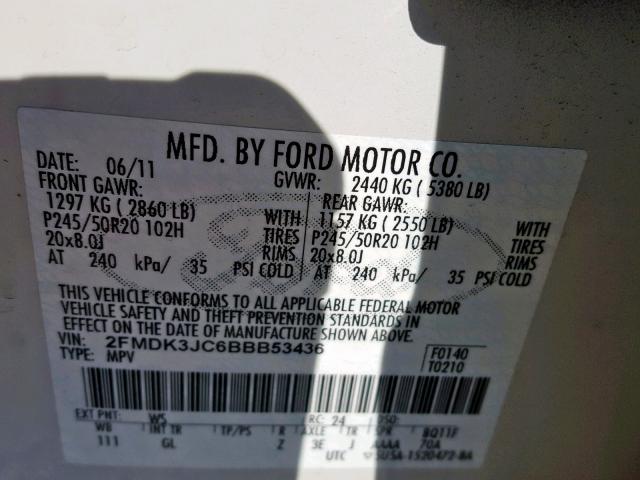 2FMDK3JC6BBB53436 - 2011 FORD EDGE SEL BLACK photo 10