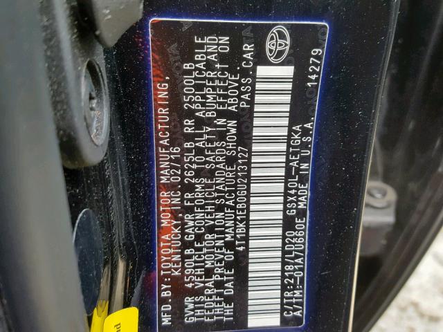 4T1BK1EB0GU213127 - 2016 TOYOTA AVALON XLE BLACK photo 10