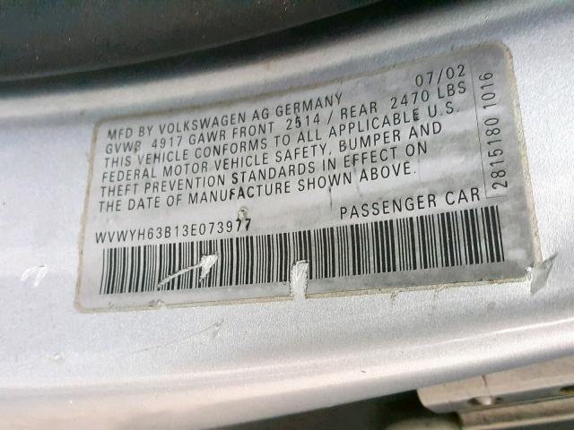 WVWYH63B13E073977 - 2003 VOLKSWAGEN PASSAT GLX 银色 照片 10