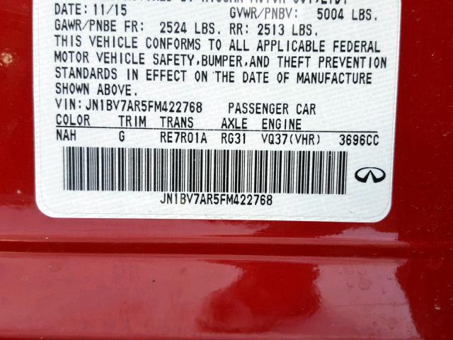 JN1BV7AR5FM422768 - 2015 INFINITI Q50 BASE RED photo 10