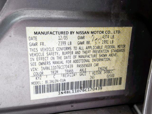 1N4BL11D76C170439 - 2006 NISSAN ALTIMA SE BEIGE photo 10