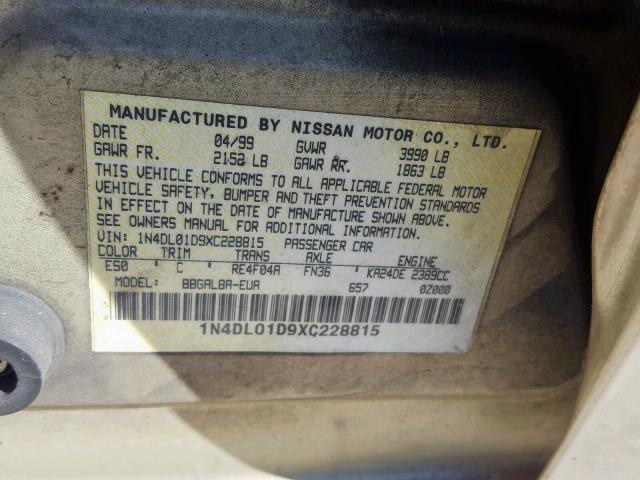 1N4DL01D9XC228815 - 1999 NISSAN ALTIMA XE TAN photo 10