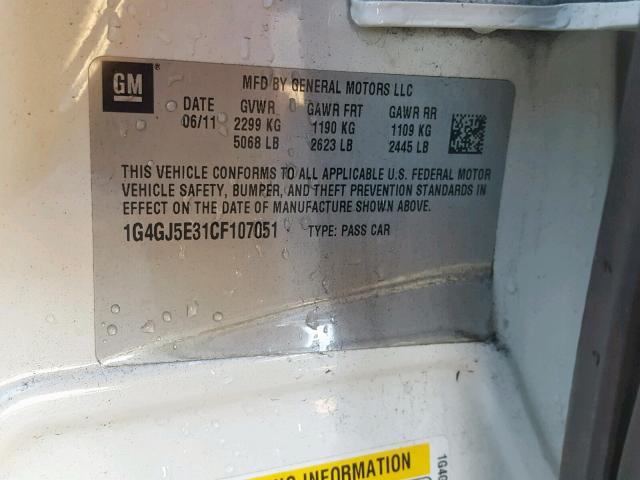 1G4GJ5E31CF107051 - 2012 BUICK LACROSSE T WHITE photo 10