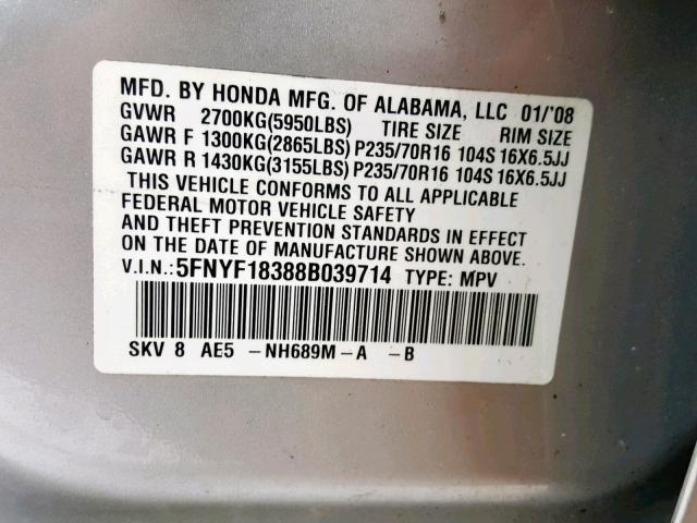 5FNYF18388B039714 - 2008 HONDA PILOT SE SILVER photo 10