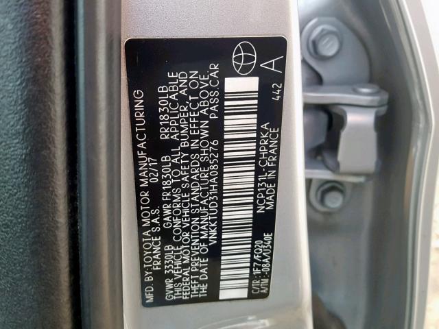 VNKKTUD31HA085276 - 2017 TOYOTA YARIS L SILVER photo 10