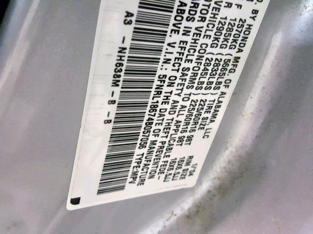 5FNRL18674B057056 - 2004 HONDA ODYSSEY EX SILVER photo 10